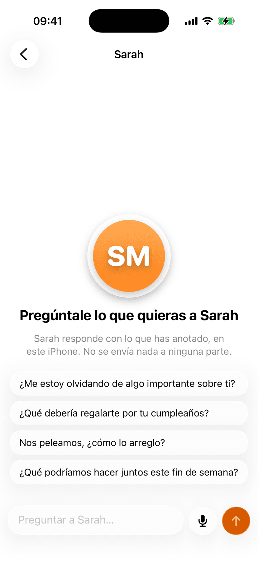 Preguntar a Sarah: un chat con preguntas sugeridas